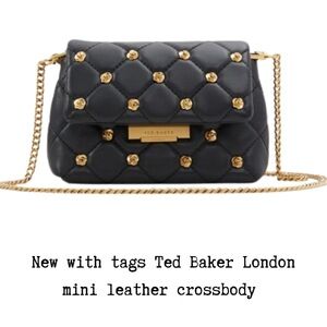 NWT Women TED BAKER Black Ginn Quilted Leather Crossbody mini Bag rose studs